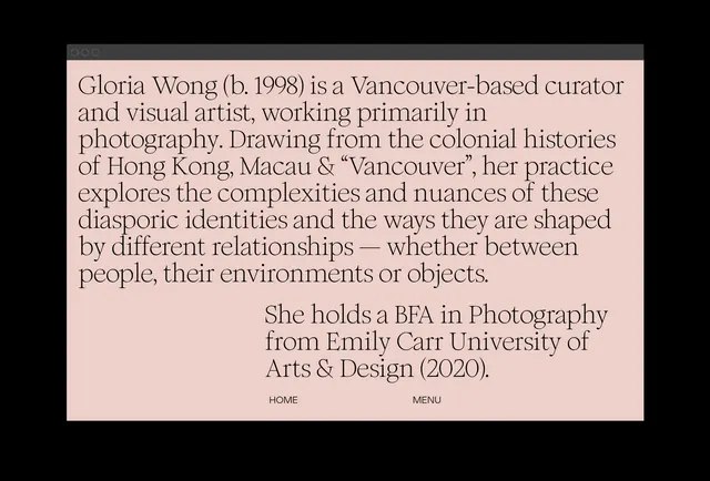 Gloria Wong Biography Text Block, minimal, boxed, light