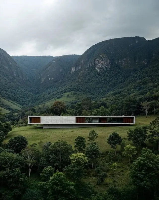Modernist Pavilion in Mountain Landscape, minimal, photographic, earthy