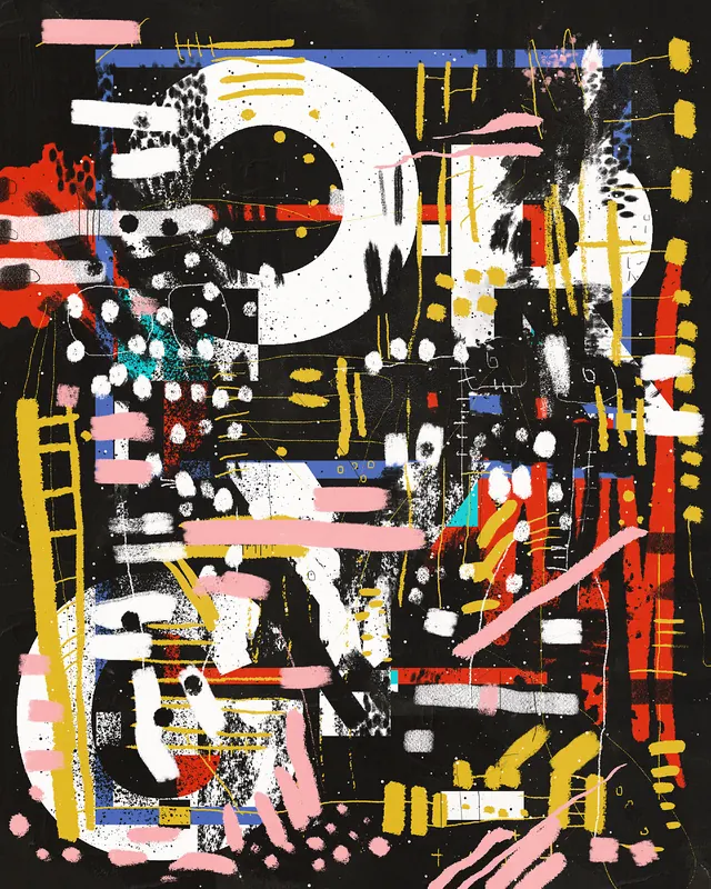 Abstract Geometric Collage, maximalist, brutalist, high-contrast