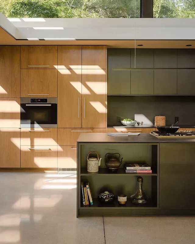 Modern Kitchen Interior with Wood and Charcoal Cabinetry, minimal, luxury, warm