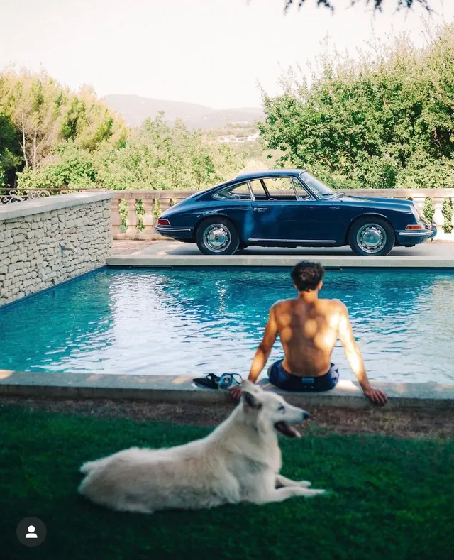 Man and Dog by Pool with Vintage Car, photographic, organic, vibrant