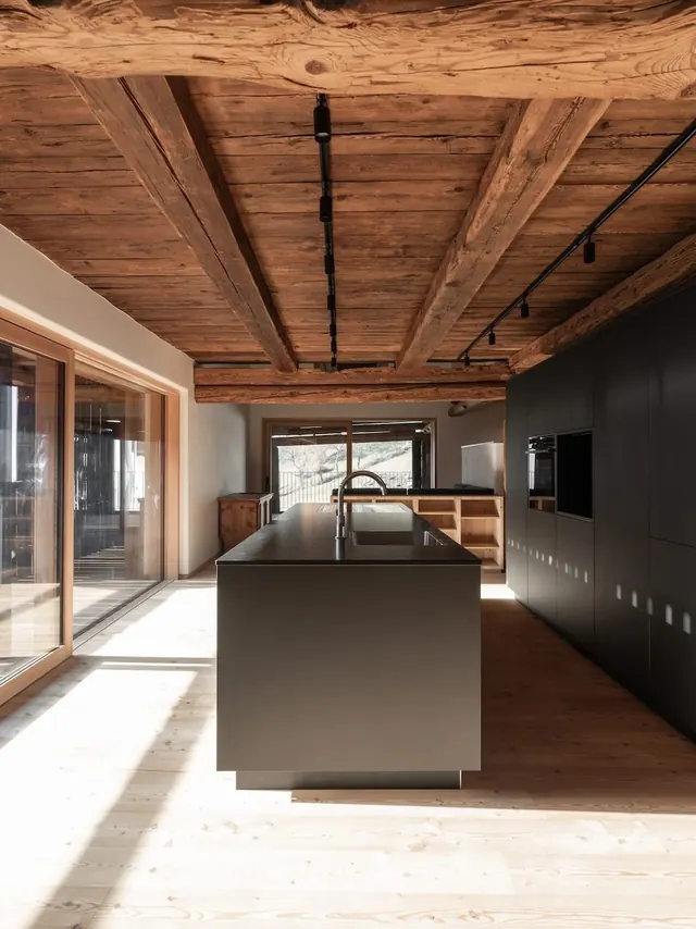 Modern Industrial Interior with Wood Beams, minimal, photographic, earthy