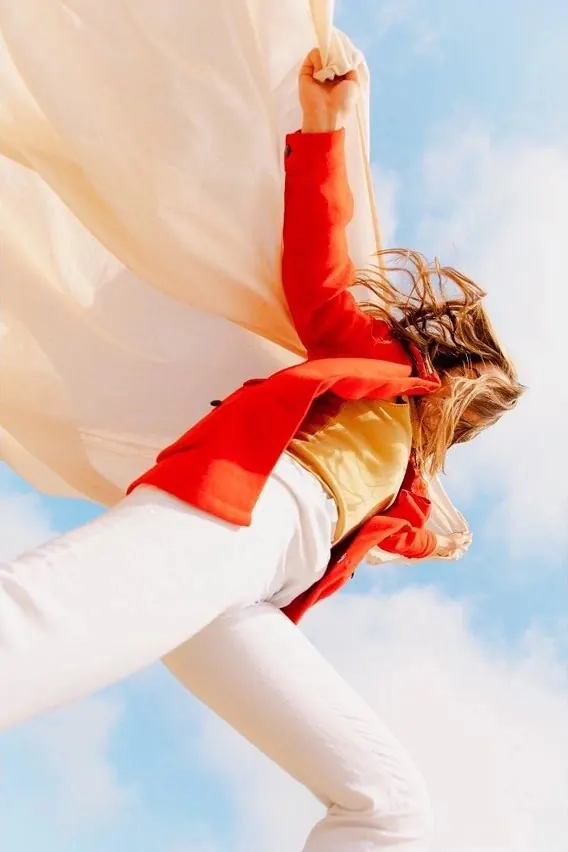 Woman in Red and White Fashion, photographic, organic, vibrant