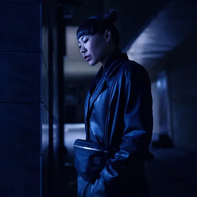 Cinematic Portrait of a Woman in Blue Tones, photographic, dark-mode, dark