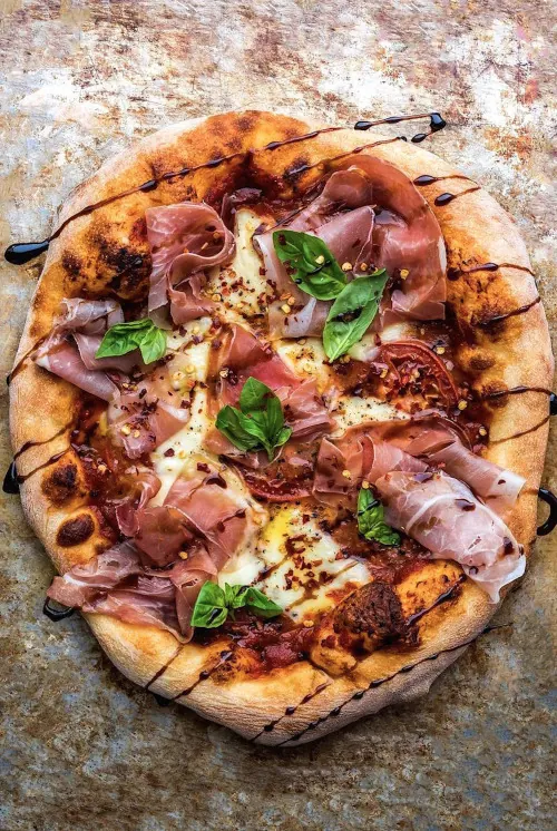 Pepperoni Pizza on Stone, photographic, organic, warm