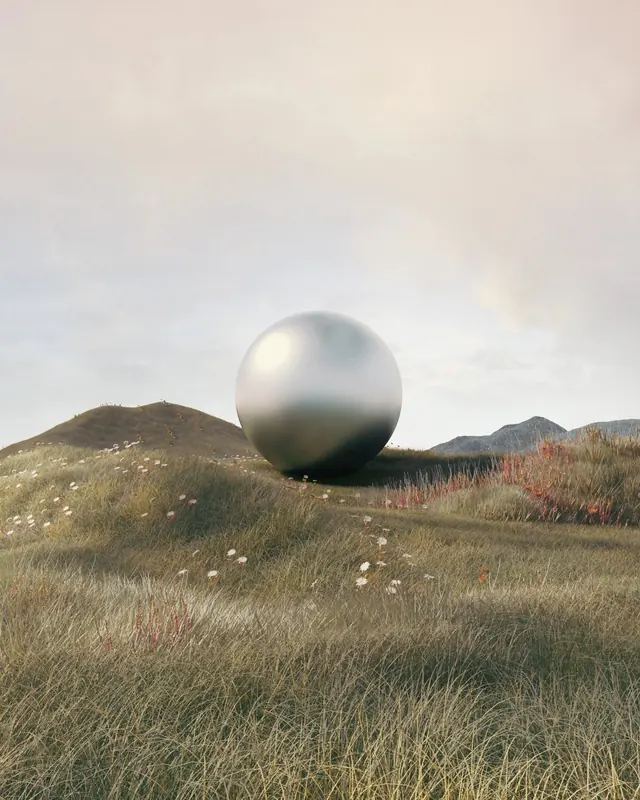 3D Sphere in Grassy Landscape, minimal, 3d-render, muted
