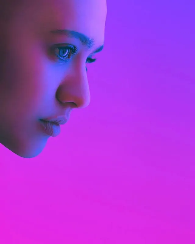 Neon Portrait Close-up, photographic, gradient-heavy, vibrant
