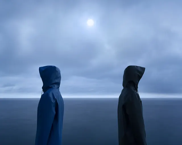 Two Figures in Hoodies in Foggy Landscape, minimal, photographic, cool