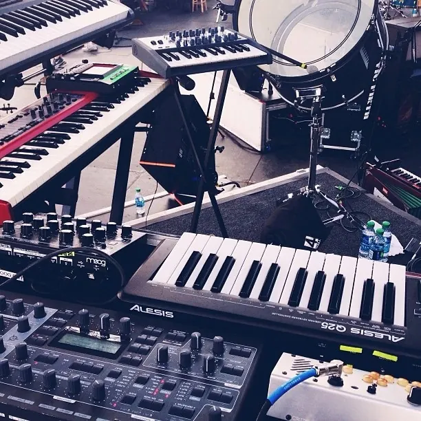 Electronic Music Production Studio Setup, photographic, technical, dark