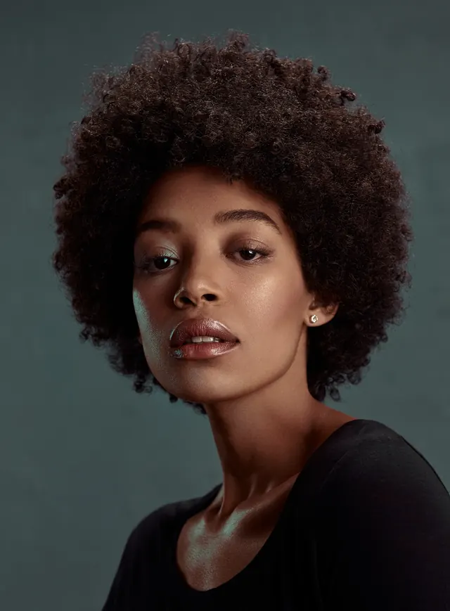 Portrait of a Woman with Afro Hair, photographic, luxury, dark
