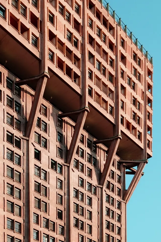 Modernist Brick Architecture, geometric, photographic, warm
