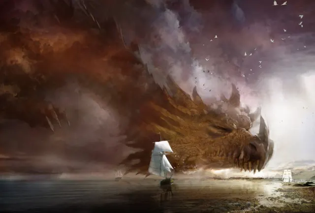 Dragon and Figure Illustration, illustrated, organic, dark