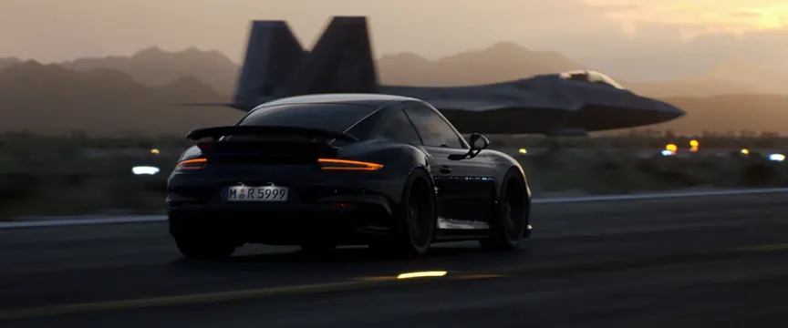 Futuristic Vehicle and Aircraft Scene, luxury, dark-mode, dark