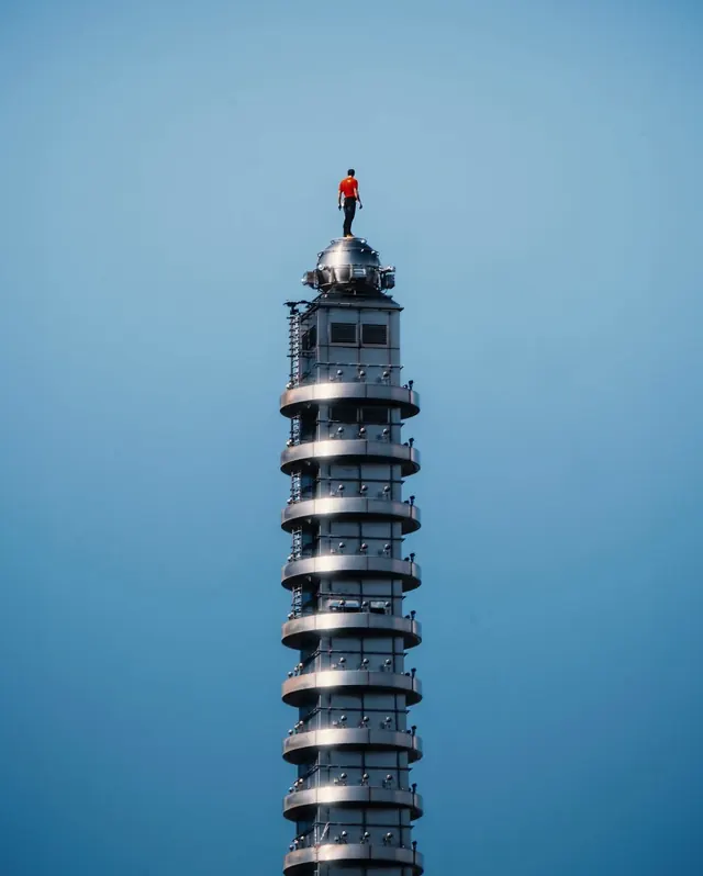 Tower with Red Flag, photographic, minimal, high-contrast