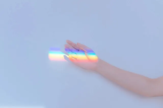 Iridescent Hand and Prism Effect, minimal, photographic, light
