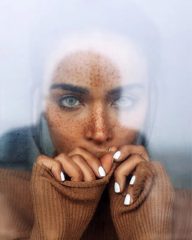 Portrait of a Woman with Freckles, photographic, organic, warm