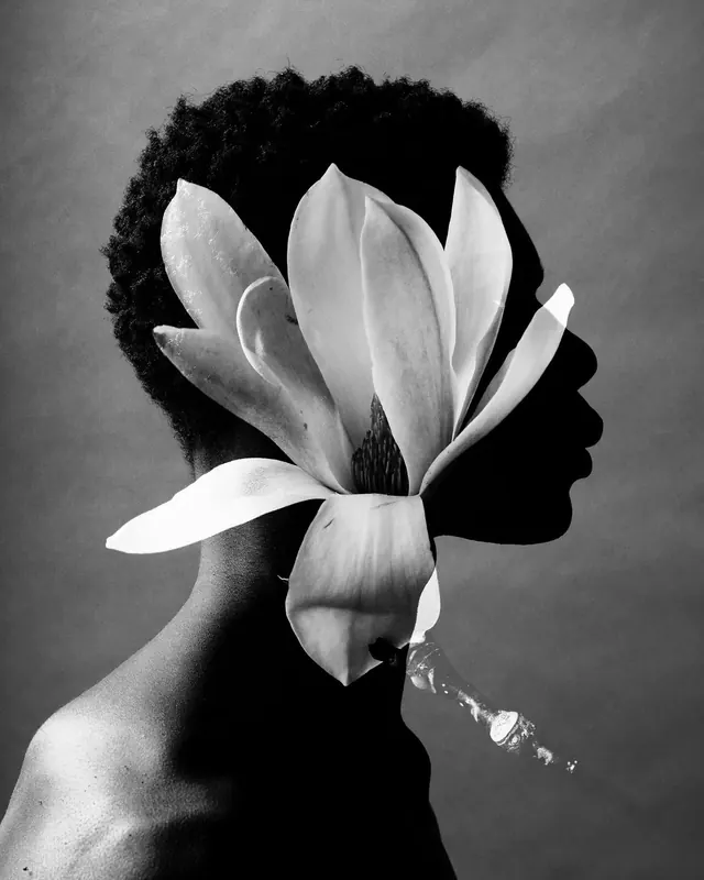 Monochrome Portrait with Floral Overlay, monochrome, photographic, monochrome