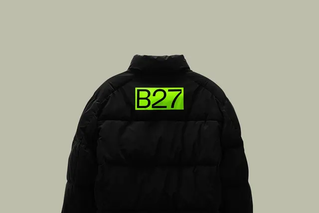 B27 Logo Mockup on Puffer Jacket, minimal, dark-mode, dark
