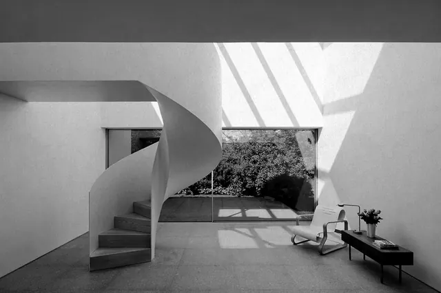 Modernist Interior with Spiral Staircase, minimal, monochrome, monochrome