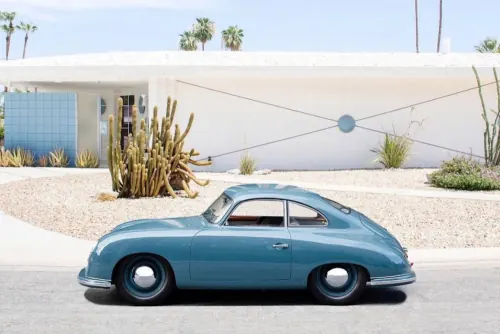 Blue Vintage Car in Minimalist Architecture, minimal, 3d-render, light