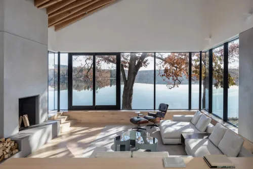 Modern Minimalist Living Room with Winter View, minimal, luxury, light