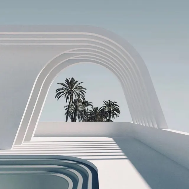 Minimalist Architectural Arch with Palm Trees, minimal, geometric, light