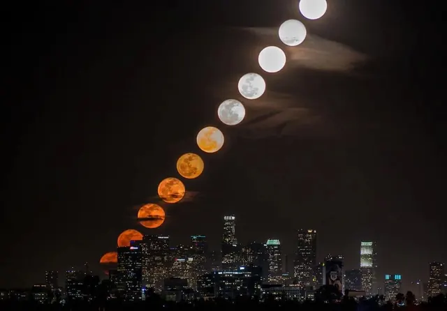 Lunar Cycle Over Cityscape, photographic, dark-mode, dark