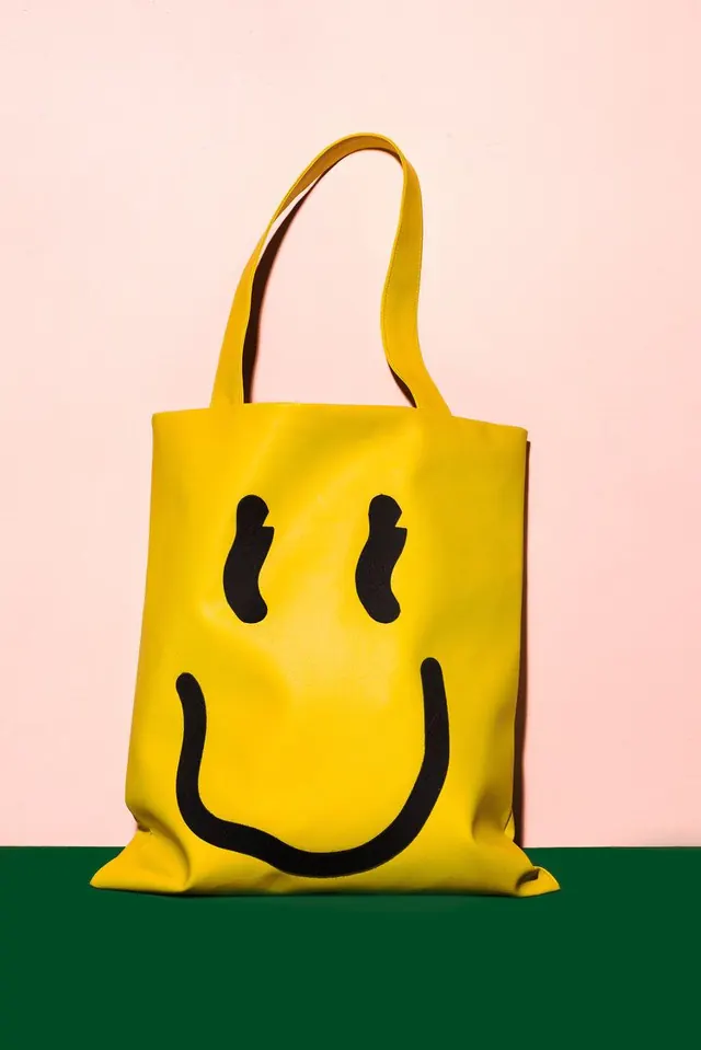 Yellow Smiley Face Tote Bag Mockup, minimal, playful, vibrant