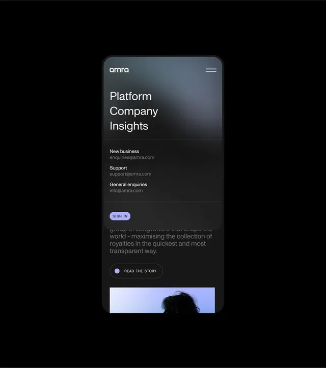 Platform Company Insights UI Screen, minimal, dark-mode, dark