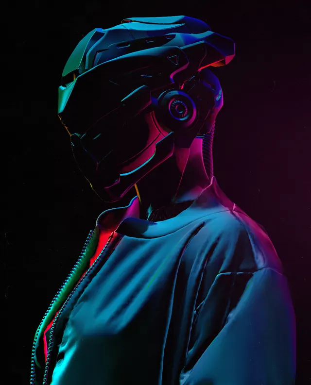 Cybernetic Portrait with Neon Accents, dark-mode, 3d-render, dark