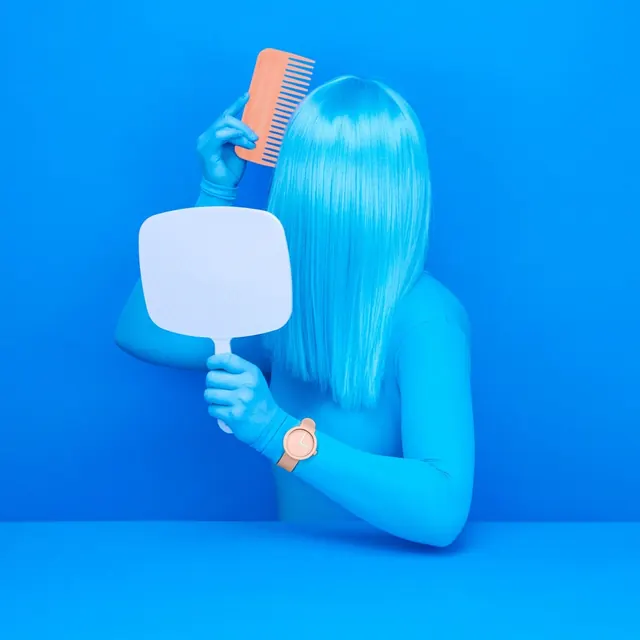 Stylized Blue Figure with Hairbrush and Mirror, minimal, playful, vibrant