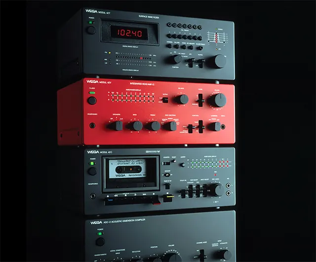 Stack of Audio Equipment Rack Units, technical, minimal, dark