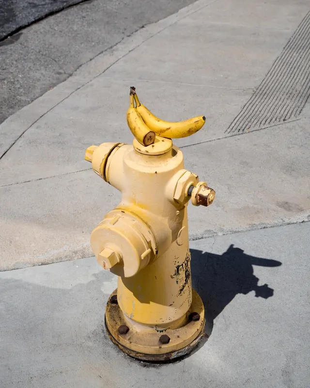 Yellow Fire Hydrant on Sidewalk, photographic, organic, vibrant