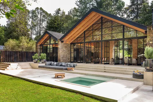 Modern A-Frame Pool House, photographic, luxury, earthy