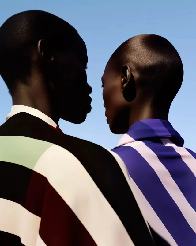 Profile of Two People in Striped Clothing, minimal, photographic, vibrant