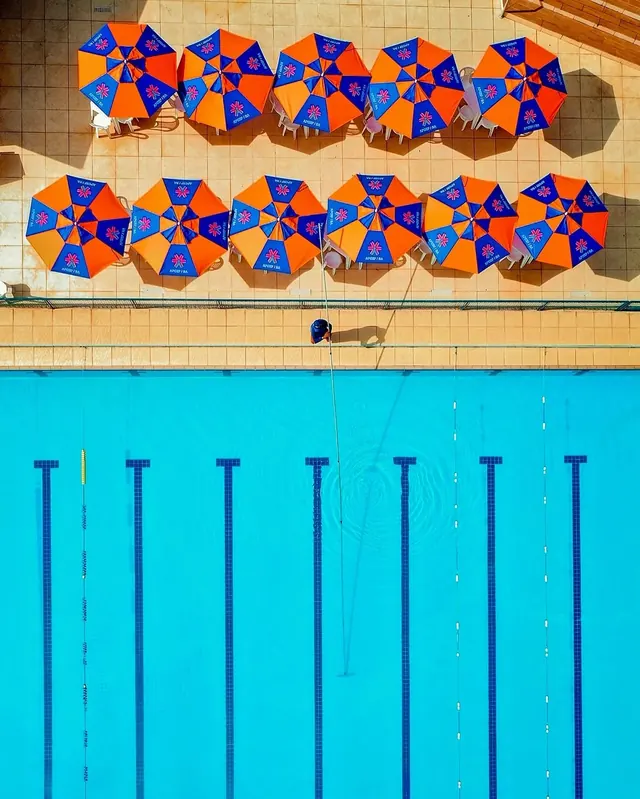 Swimming Pool with Lifebuoys, flat, geometric, vibrant
