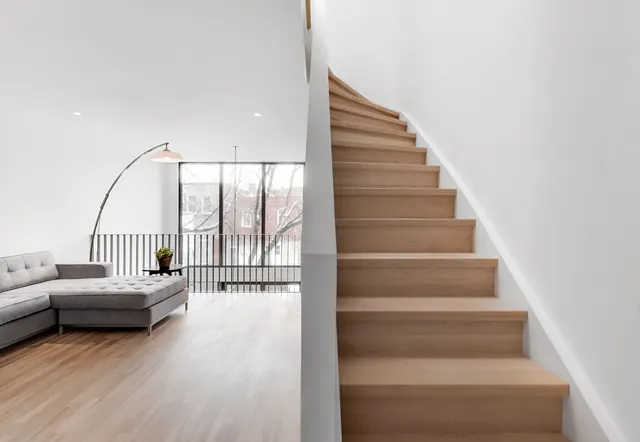 Minimalist Interior with Wooden Staircase, minimal, photographic, light