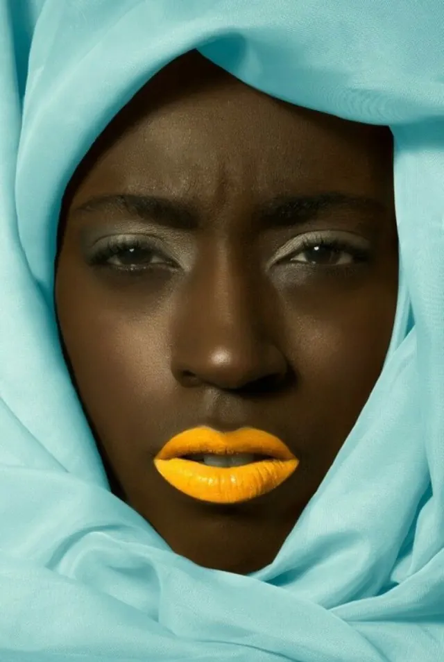 Portrait of a Woman in a Blue Veil, photographic, luxury, vibrant