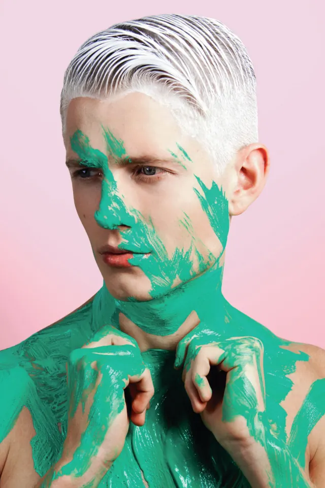 Portrait of a Person with Green Paint, photographic, organic, vibrant