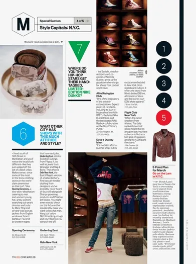 Odin New York shop guide magazine page, editorial, data-dense, muted