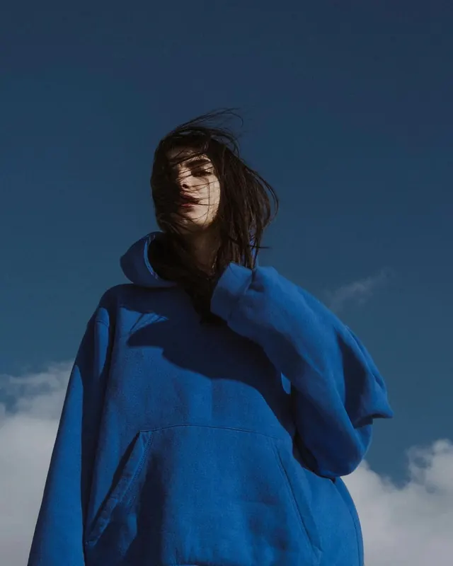 Blue Oversized Hoodie Portrait, minimal, photographic, vibrant