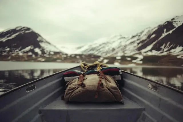 Mountain Landscape with Backpack Mockup, photographic, minimal, muted