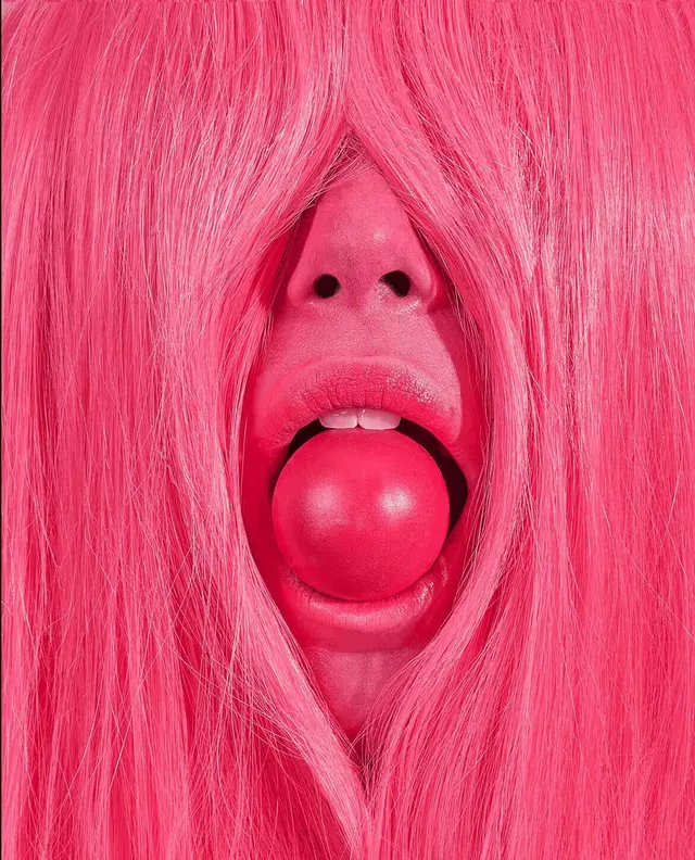 Pink Face with Sphere, maximalist, playful, vibrant