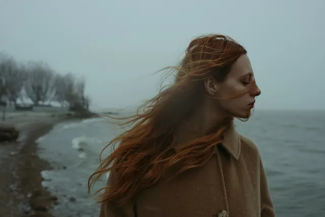 Woman in Winter Landscape, photographic, organic, muted