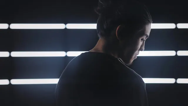 Man in Profile with Horizontal Light Bars, minimal, dark-mode, dark