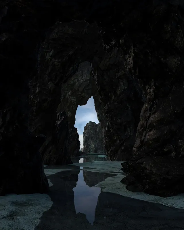 Cave Opening with Water Reflection, photographic, dark-mode, dark