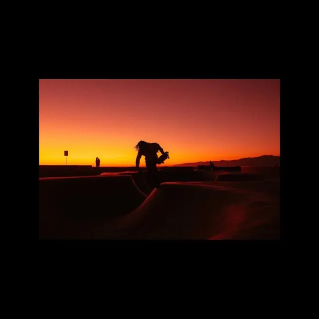 Surfer Silhouette at Sunset, photographic, minimal, warm