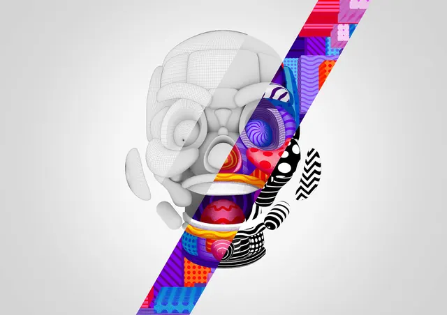 Abstract Humanoid Head Collage, maximalist, geometric, vibrant