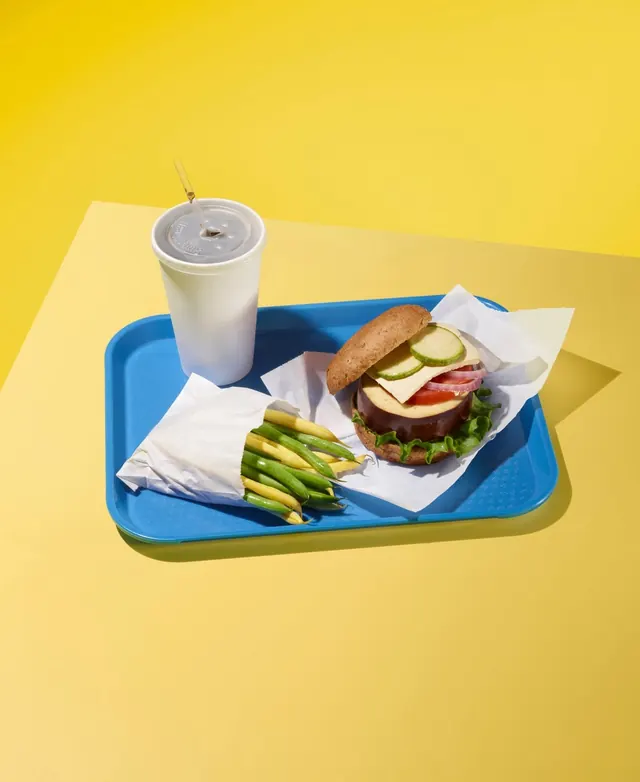Fast Food Mockup on Blue Tray, minimal, photographic, vibrant