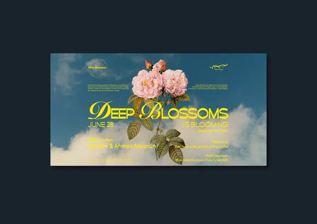 Deep Blossoms event flyer, editorial, illustrated, cool
